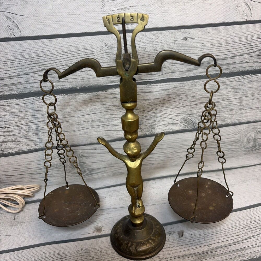Vintage 10 1/2” Angel Cherub Handmade Solid Brass Table Balance Scale